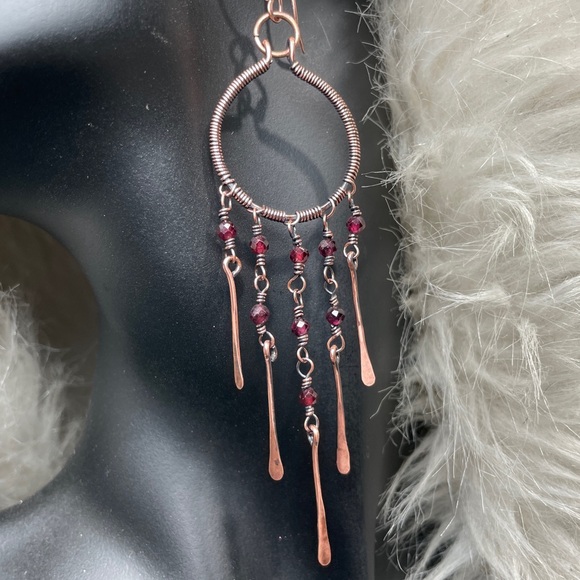 Hand Crafted Copper Red Garnet Crystal Beaded Dangle Chandelier Earrings - Picture 5 of 17